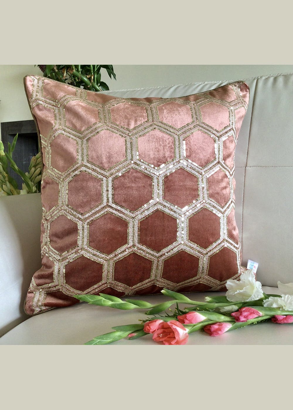 Get Tiara Sequined Embroidered Luxury Velvet Cushion Cover Rose