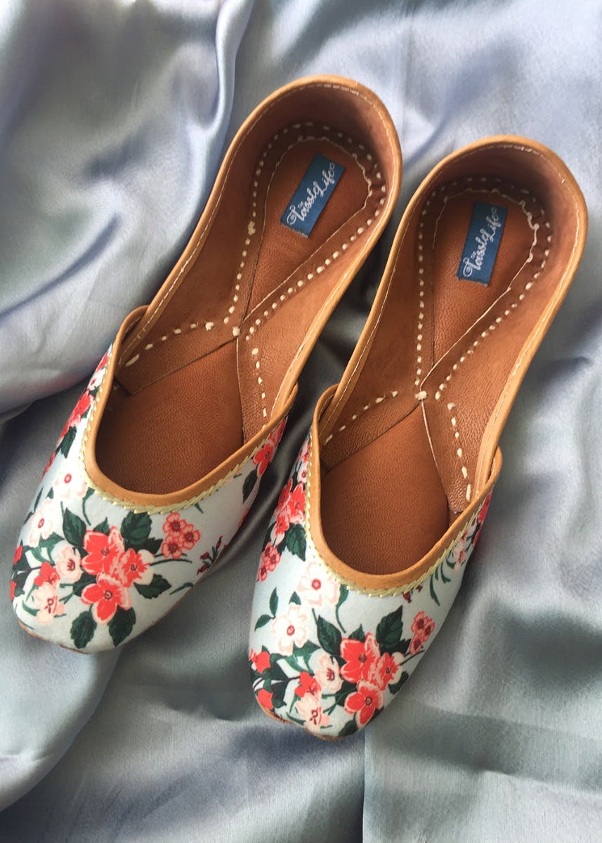 Get Floral Printed Ice Blue Juttis At 1119 Lbb Shop How to rock it right for office an office outfit fit with a cute floral dress. floral printed ice blue juttis