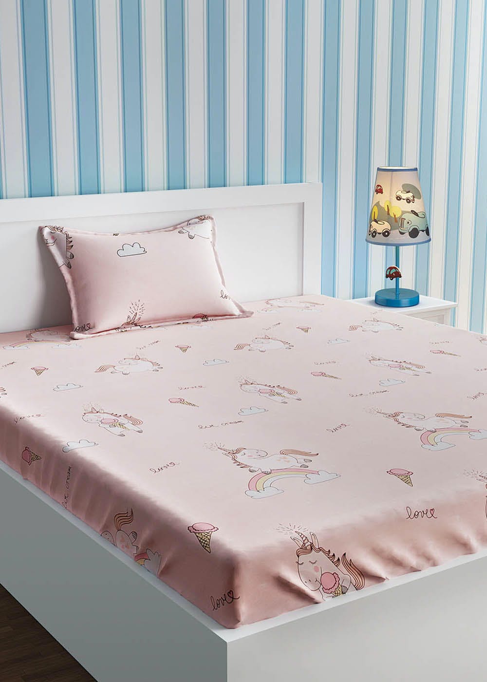 Get Kids Unicorn Print Pink And White Single Bedsheet Set at ₹ 999