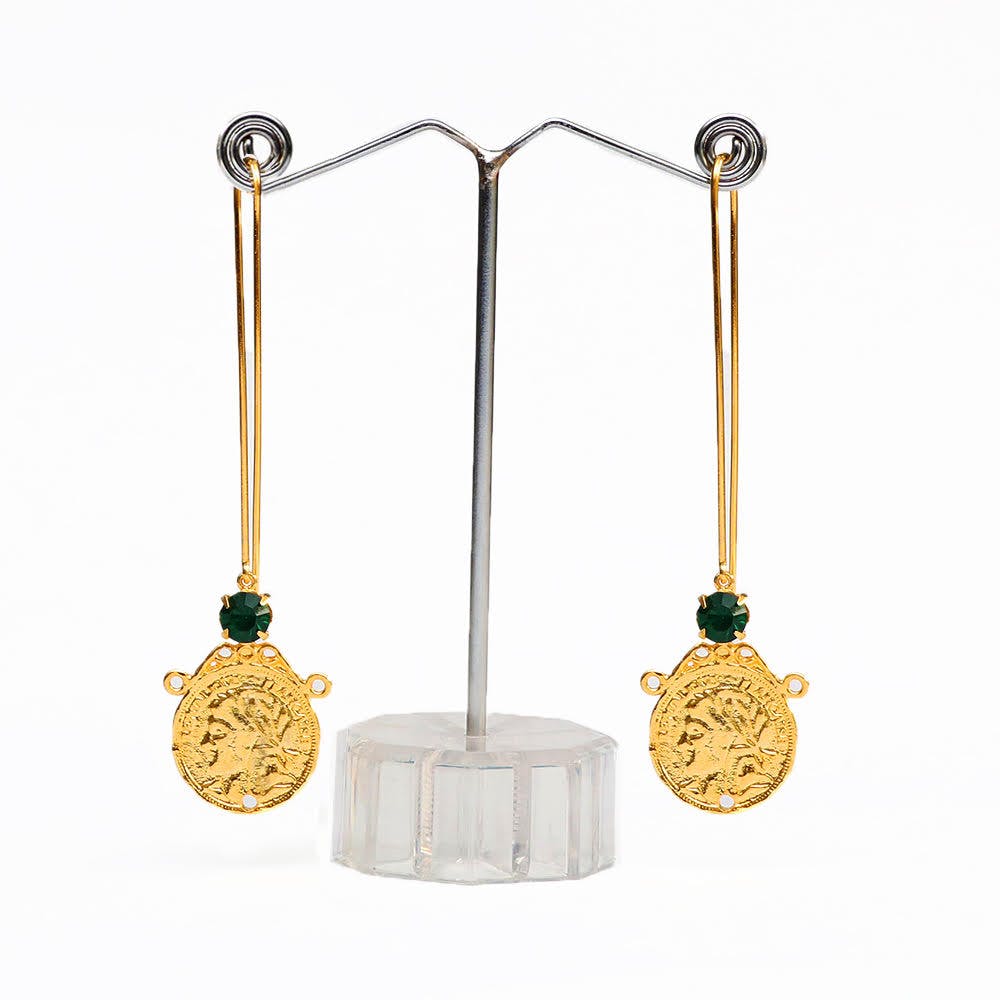 Gold-Plated Emerald & Coin Drop Earrings