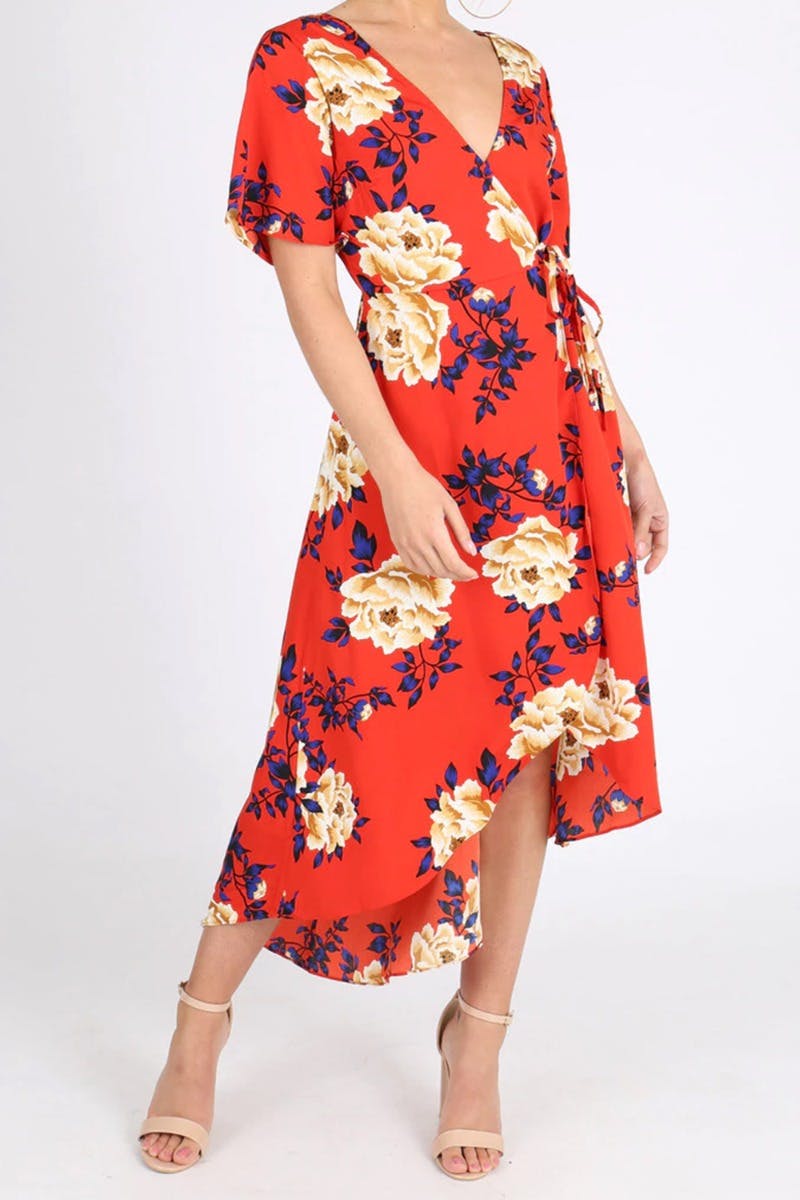 Floral Tangerine Wrap-On Dress