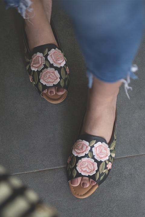 Vegan Leather Slides With Floral Embroidery