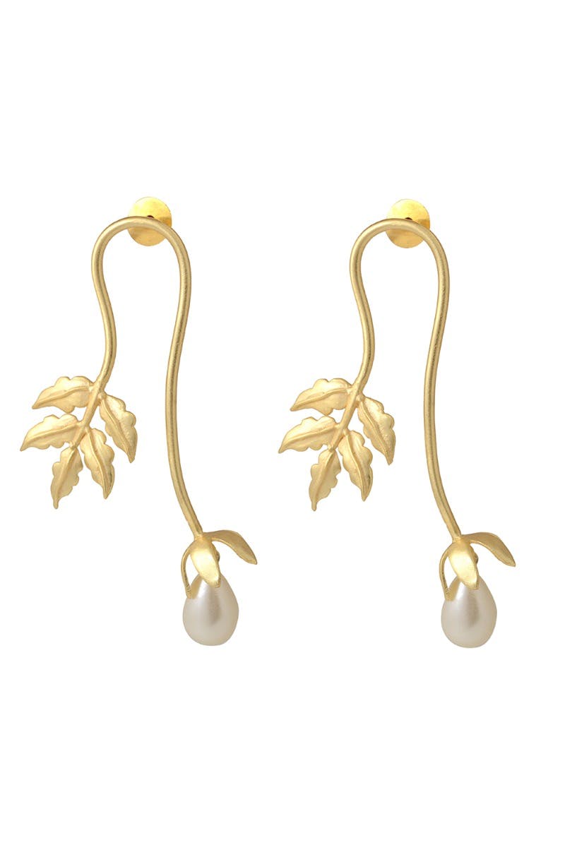 Gold-Plated Pearl & Leaf Earrings