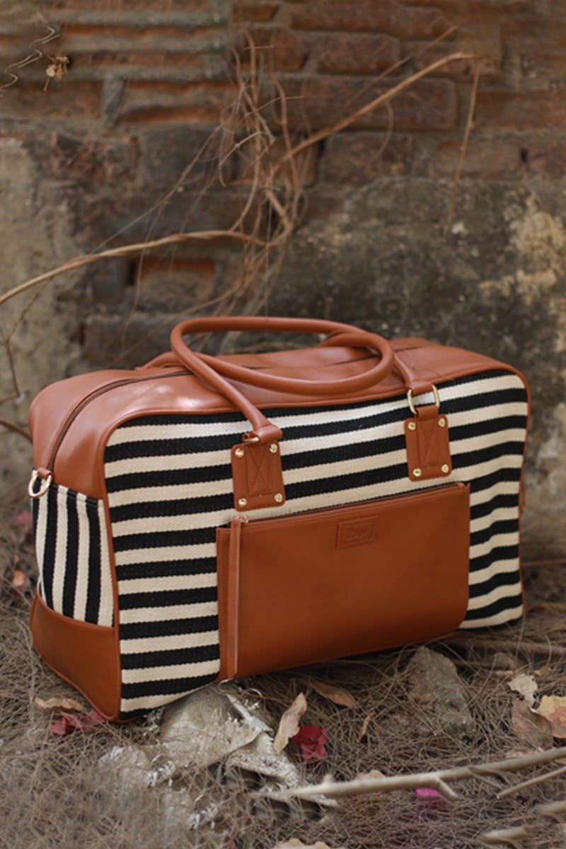 Monochrome Stripes Tan Trim Duffle Bag