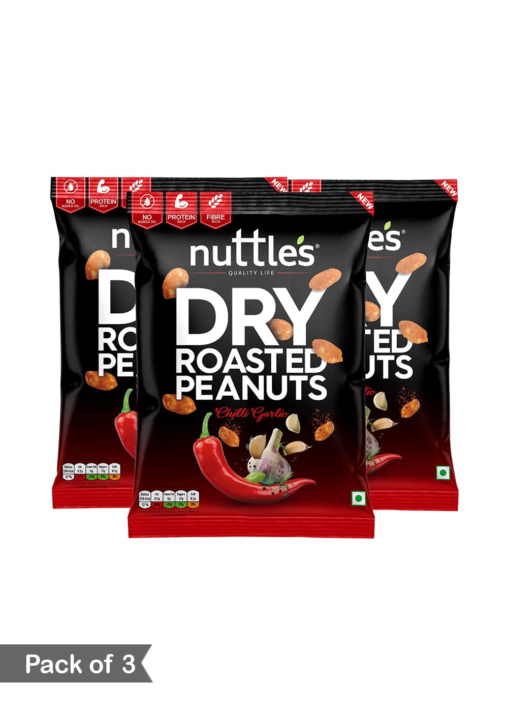  Premium Flavored Dry Roasted Peanuts -  Flavor : Chili Garlic-  Pack of 3 (135g Each)