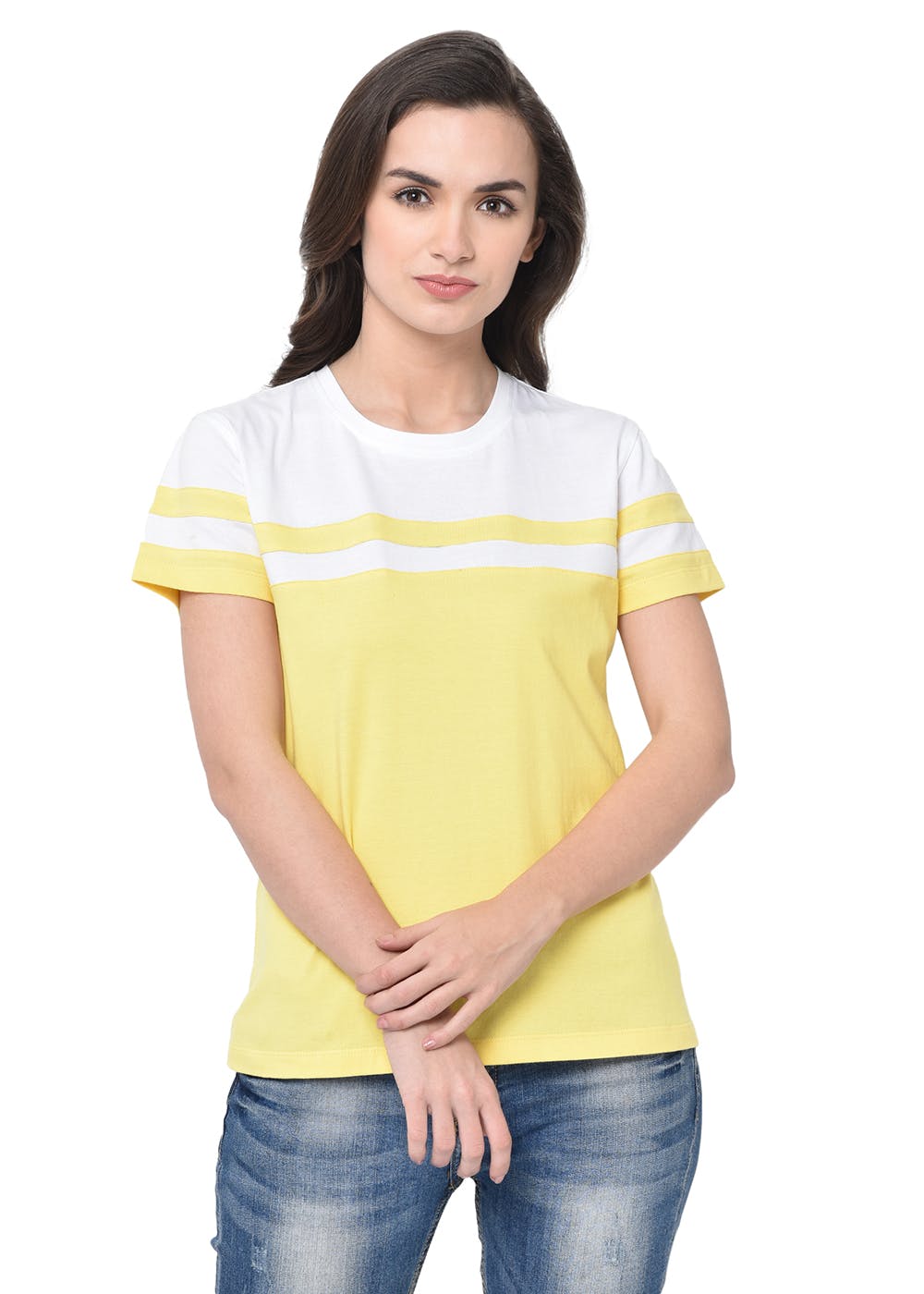 white top yellow sleeves