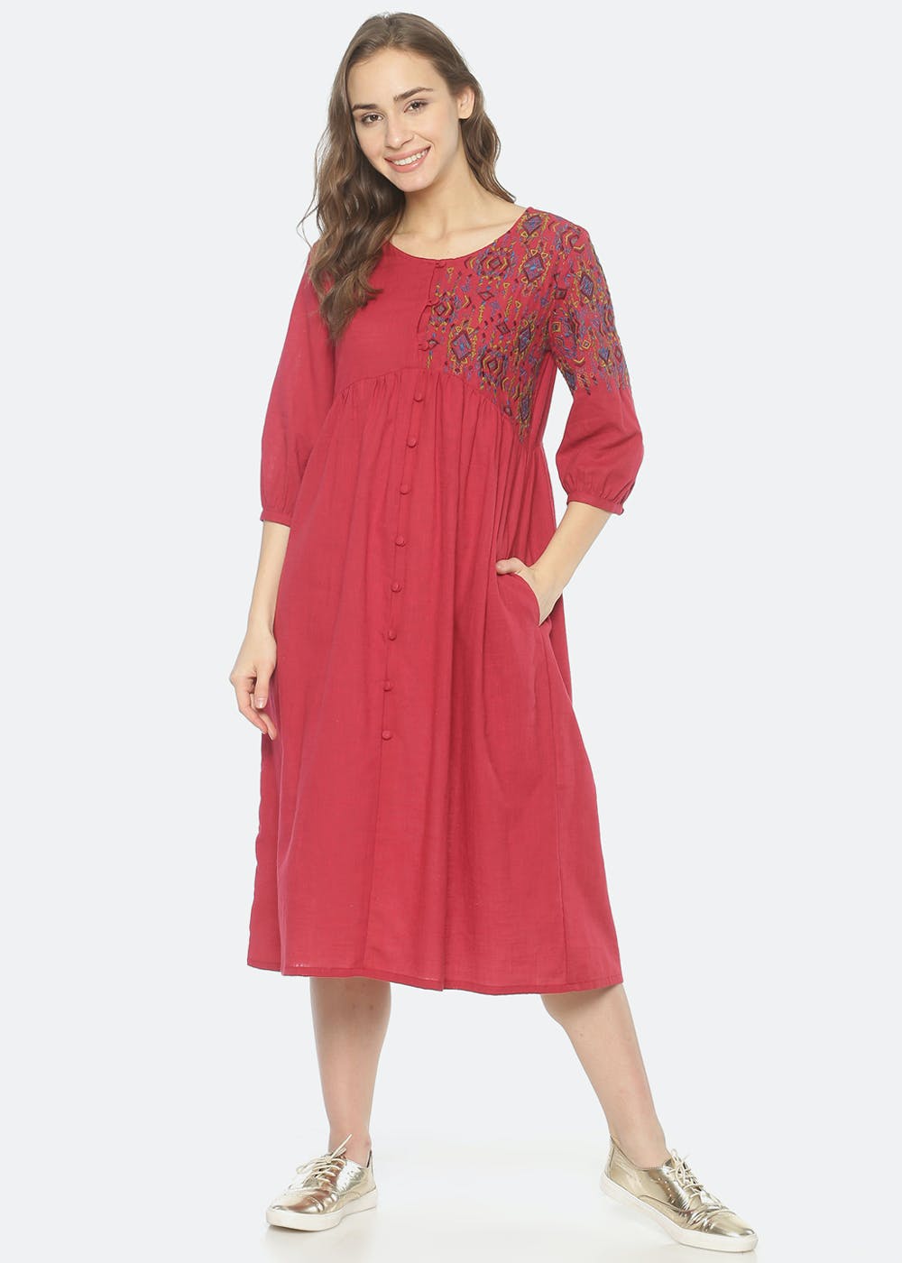 Get Red Button Down Dress With Shoulder Embroidery at ₹ 2099 LBB Shop