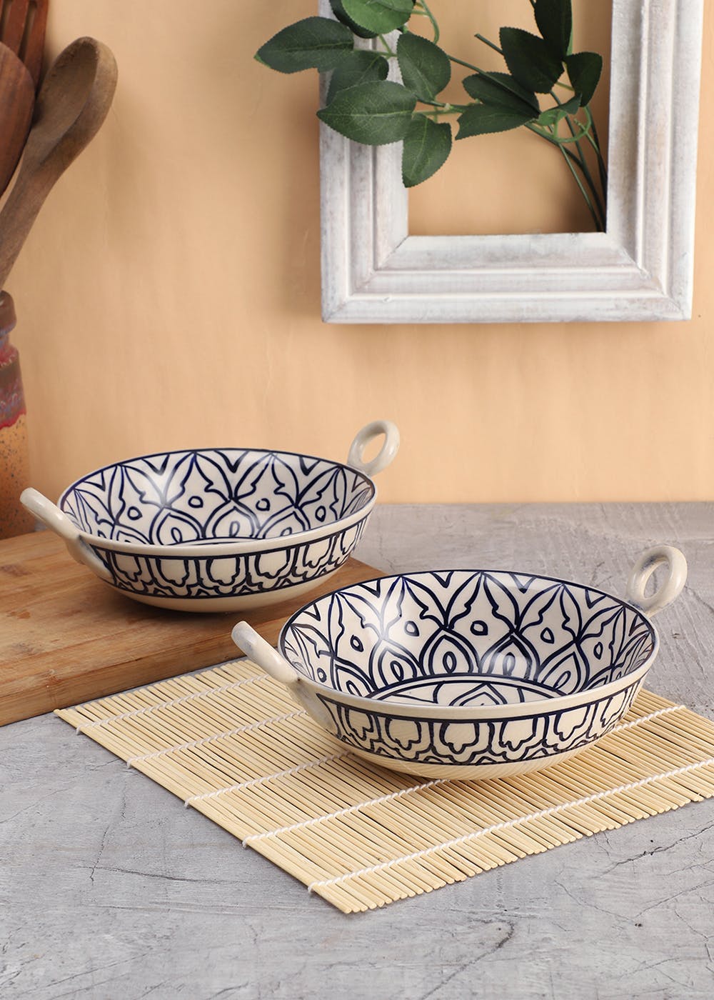 Get Mehraab Blue OffWhite Ceramic Small Kadhai Serving Bowls Set Of