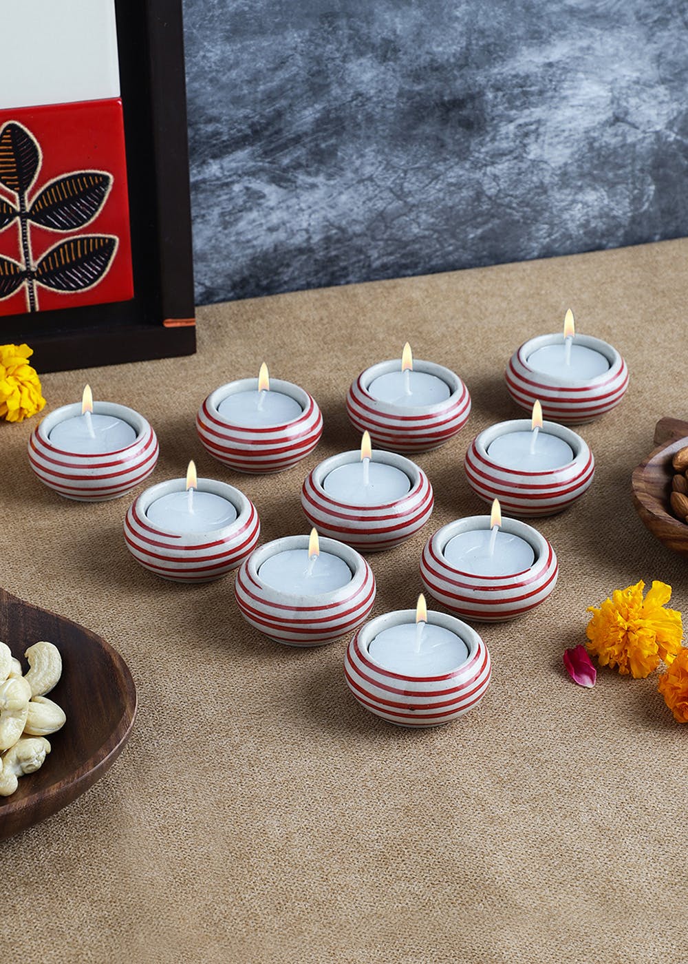 Get HandMade Red Spiral Blue Ceramic Tea Light Holders/ Diyas Set Of