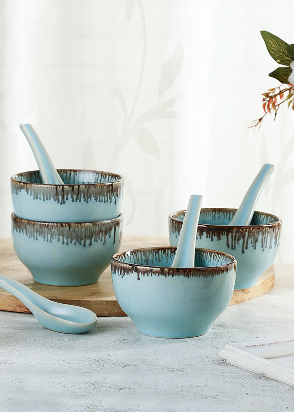 Get Tranquil Mint Ceramic Soup Bowls With Spoons Set Of Four at ₹ 1599