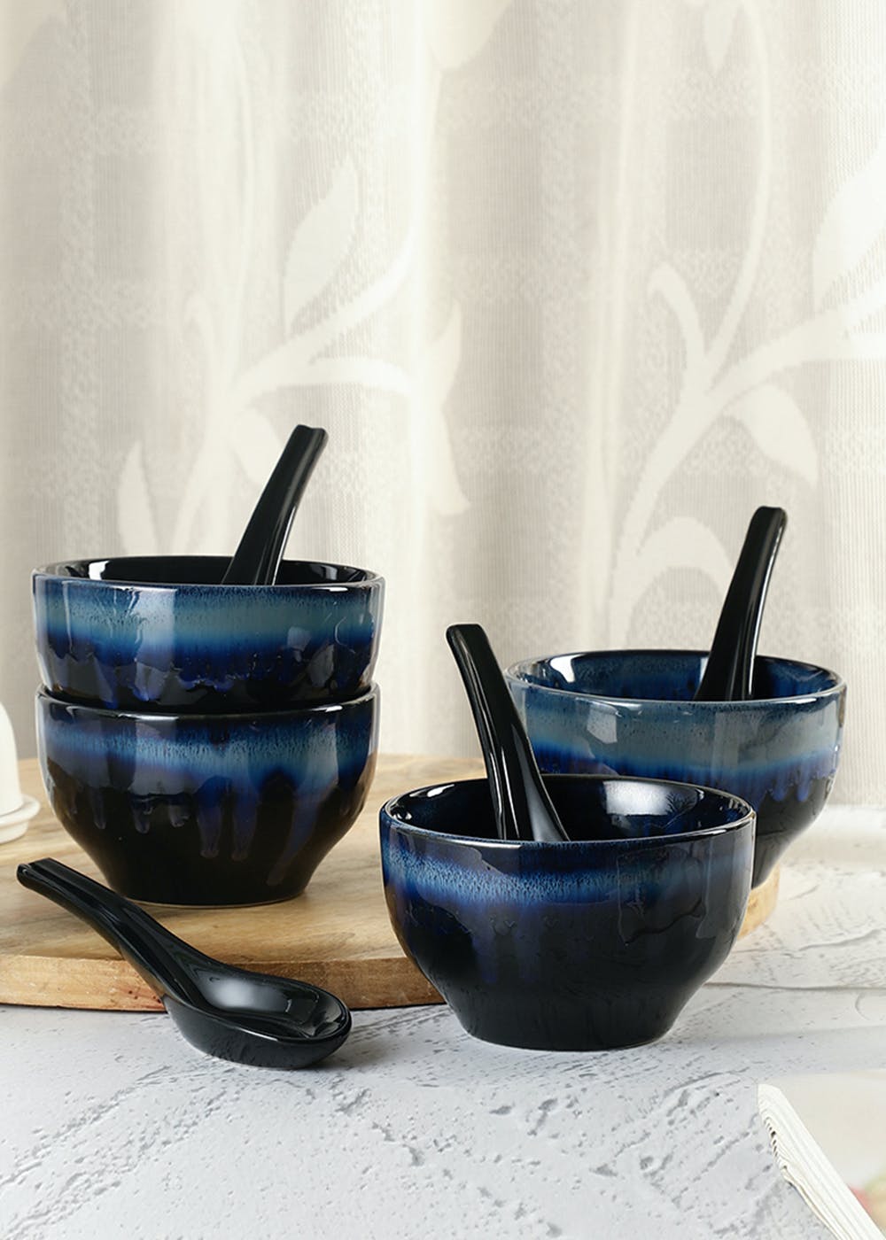 Get Leher Inky Blue Ceramic Soup Bowls With Spoons Set Of Four at