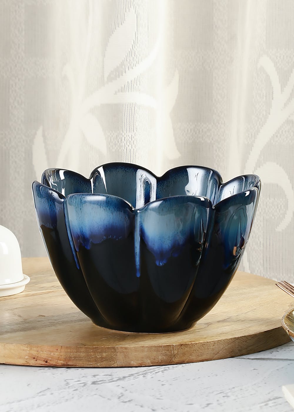 Leher Inky Blue Ceramic Petal Serving Bowl