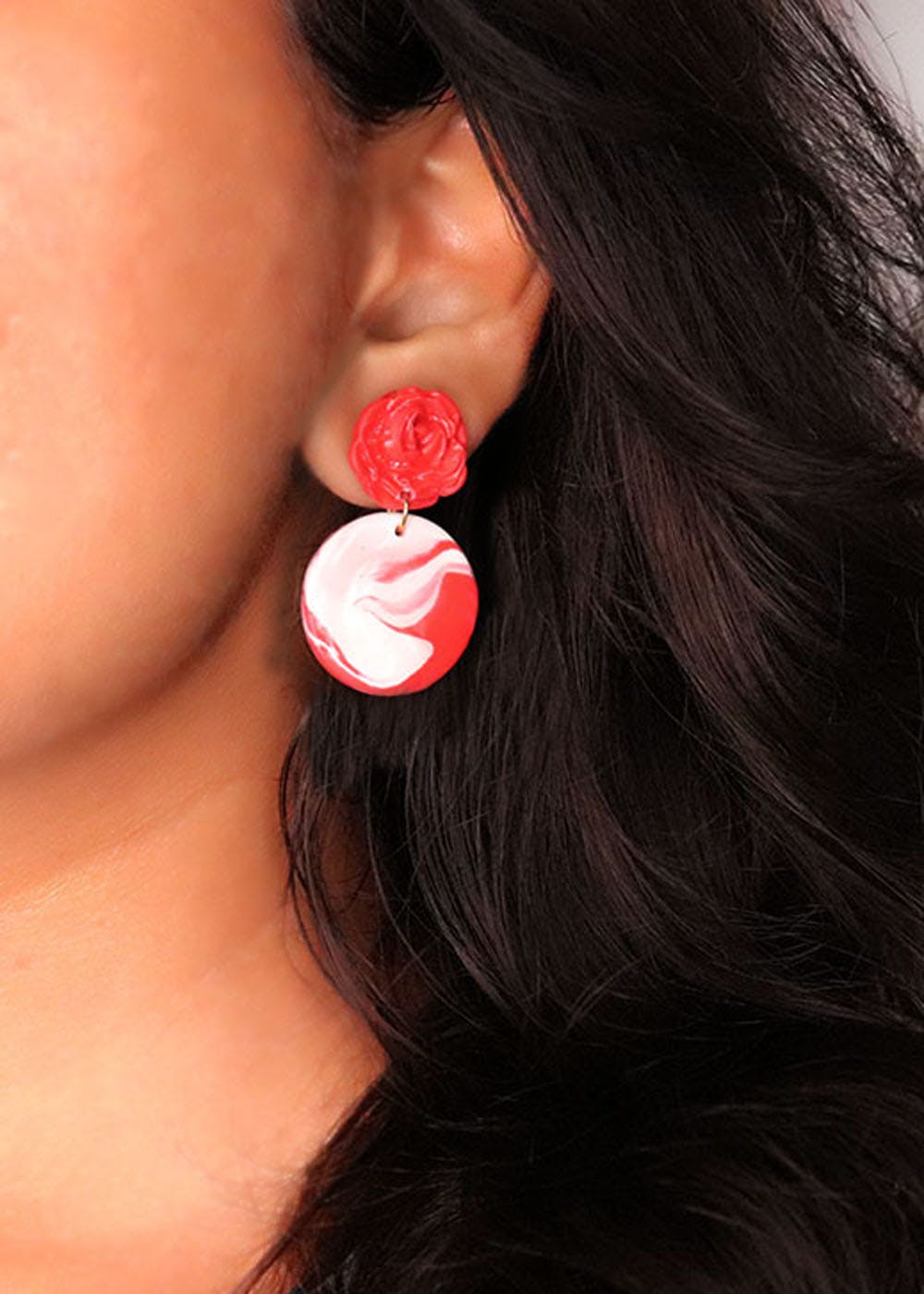 Floral Top Marble Effect Circular Earrings - Red