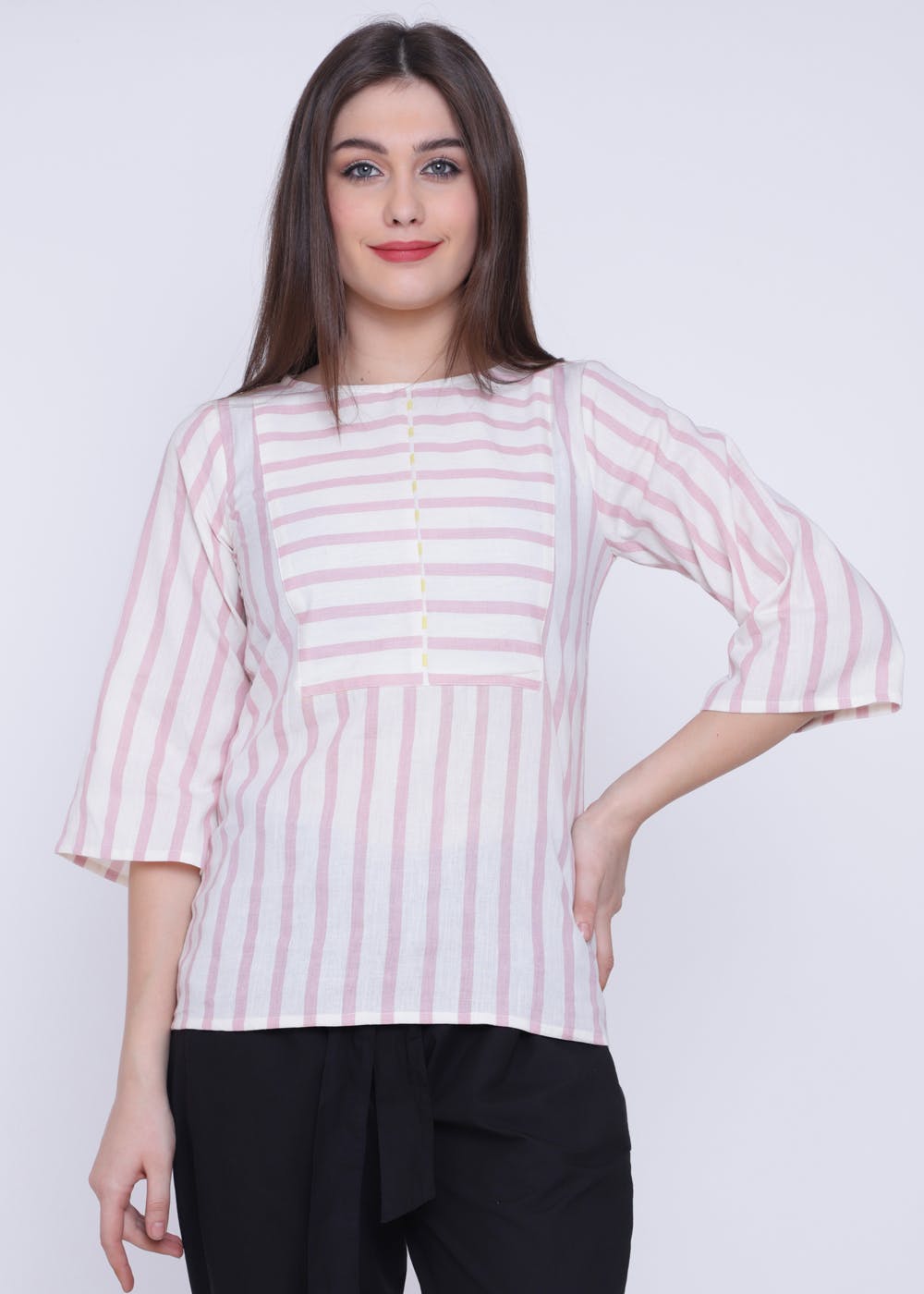 Two Directional Broad Striped Round Neck Top - Pink