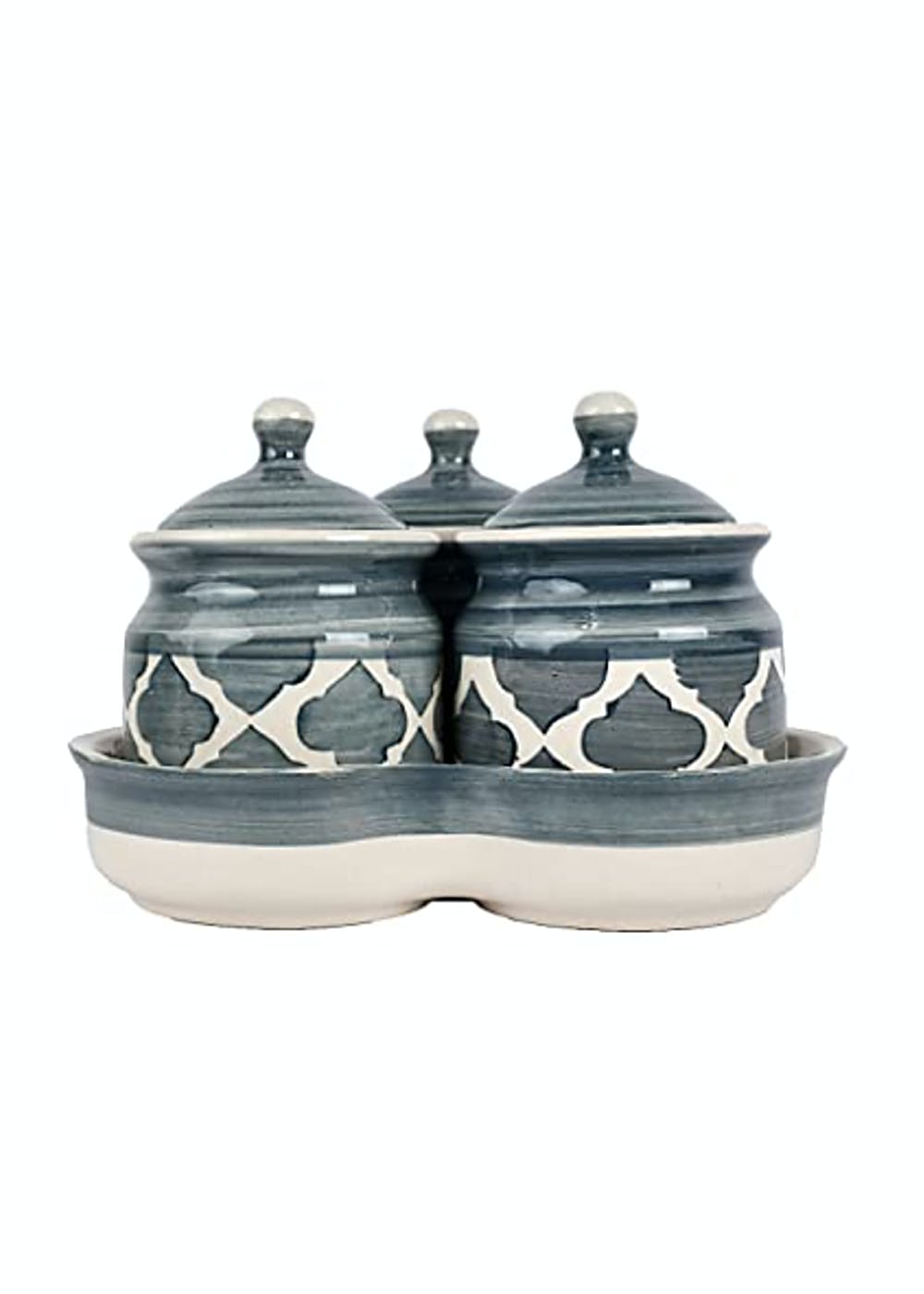 Get Slate Grey & White Ceramic Studio Pottery Jars with Tray Set at