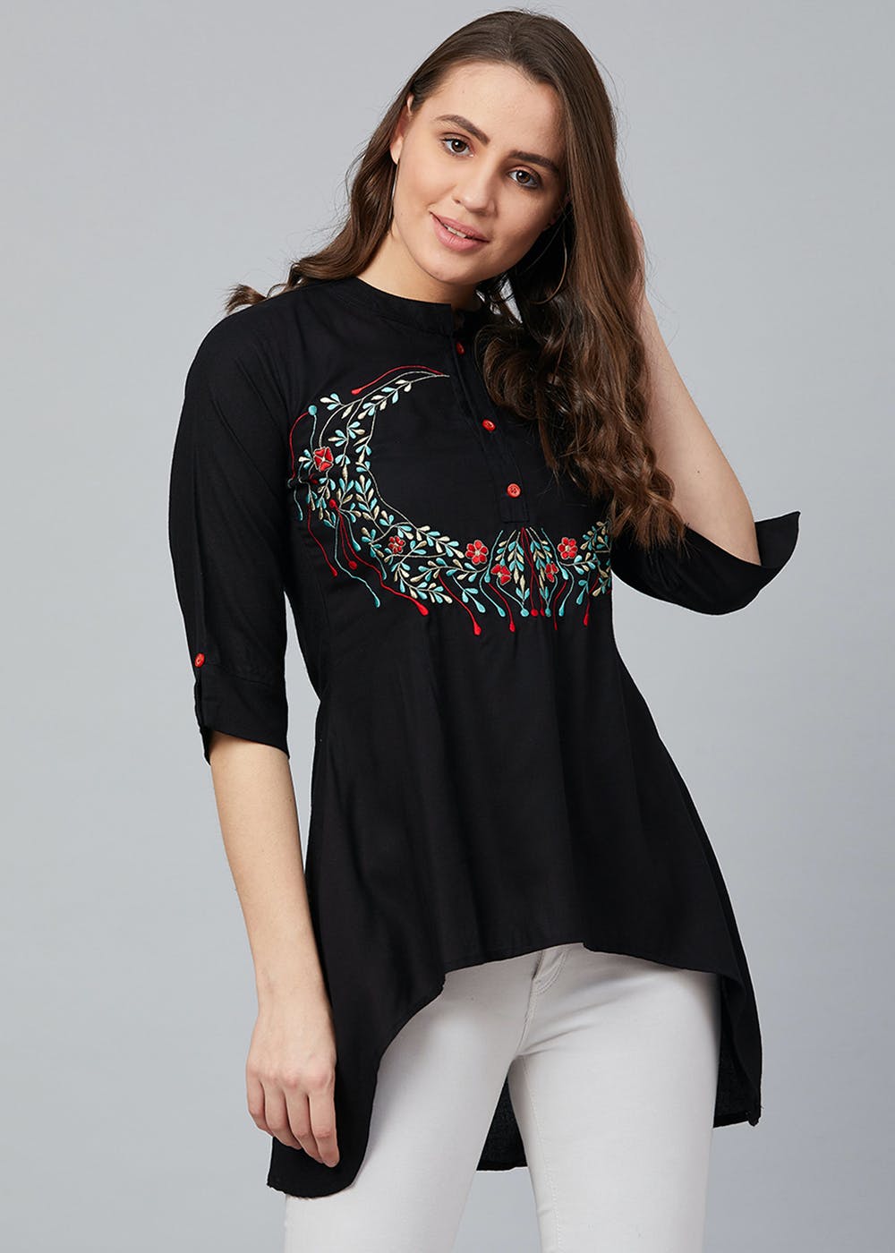 Get Floral Embroidered Black Asymmetrical Top at ₹ 1199 | LBB Shop