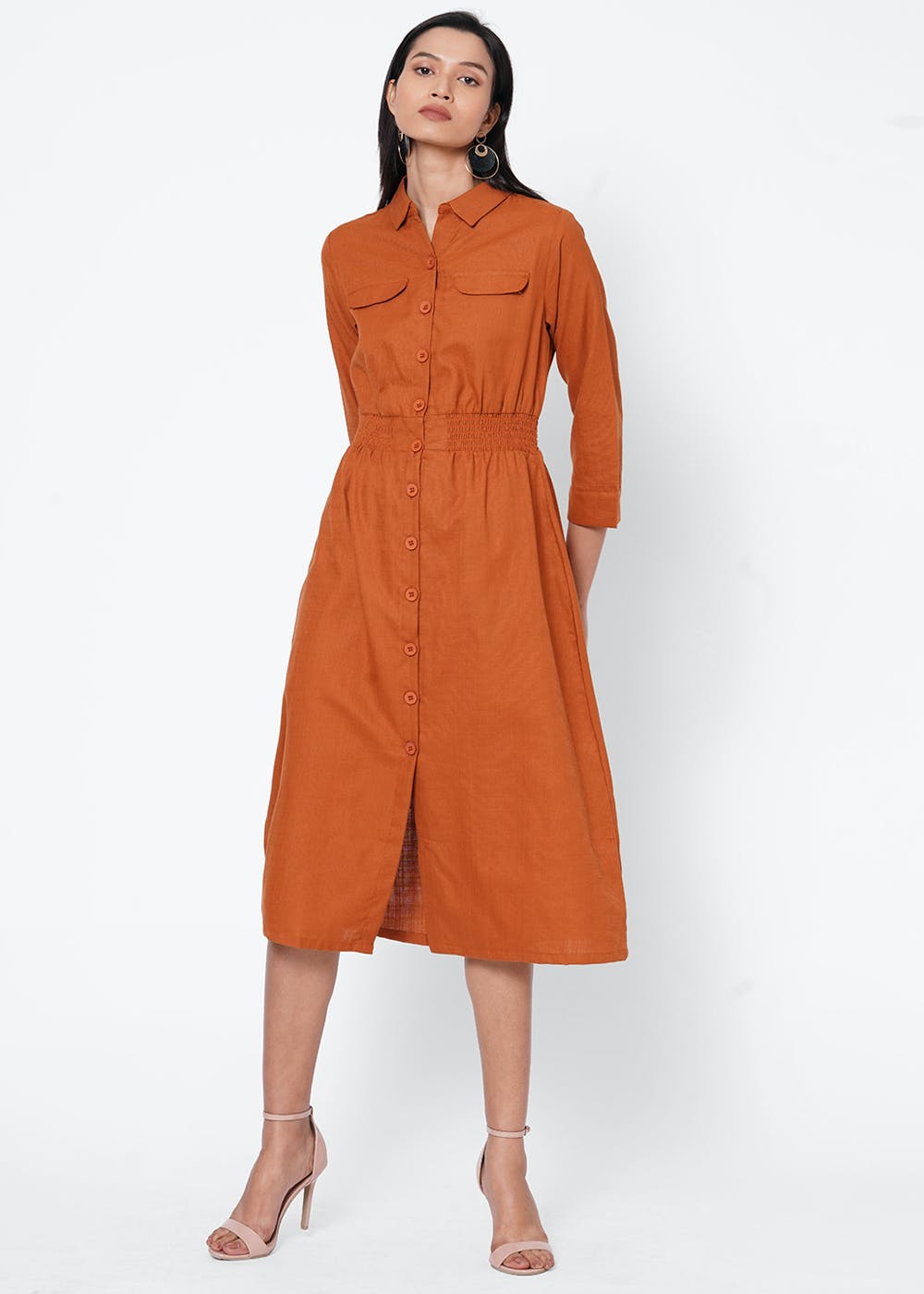 rust button down dress