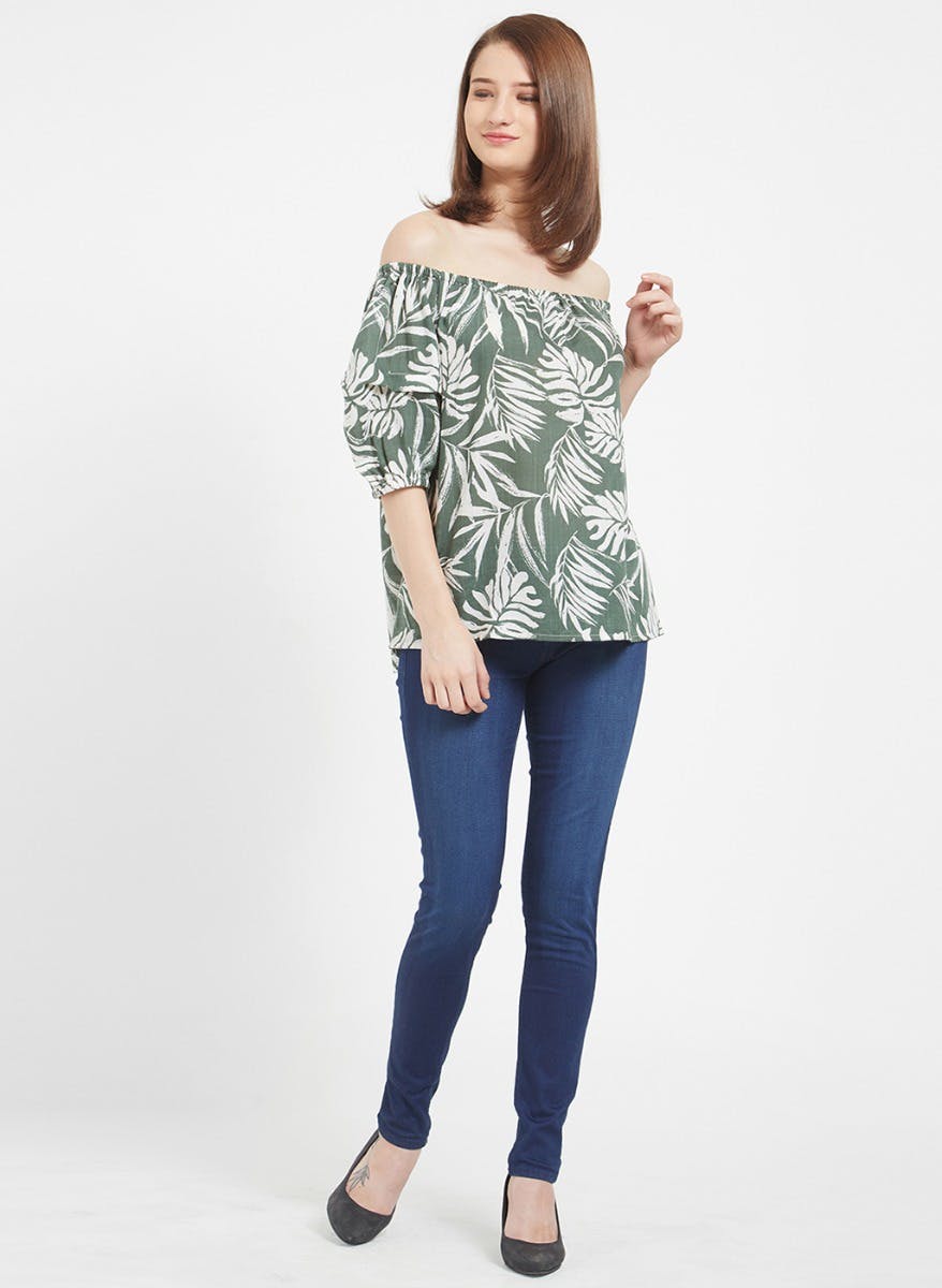 Women Green Casual Printed Off-Shoulder Top main image 1