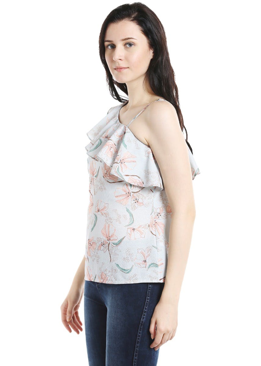 one shoulder white ruffle top