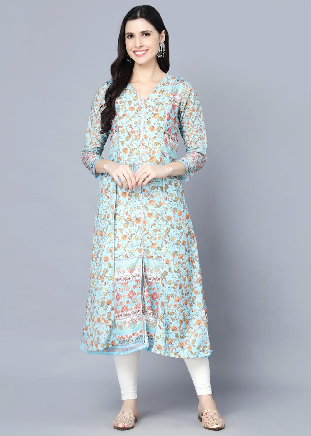 Get Women Blue Floral Printed Thread Work Anarkali Kurta at ₹ 900 | LBB ...