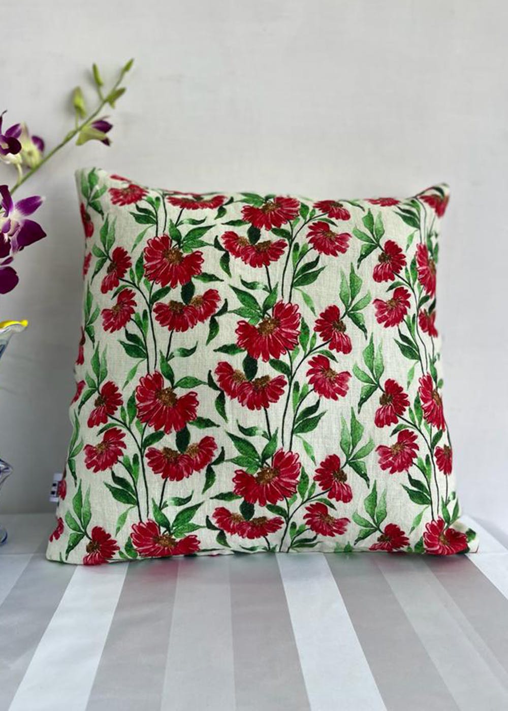 Get Red Flowers Printed Linen Cushion Cover at ₹ 600 LBB Shop