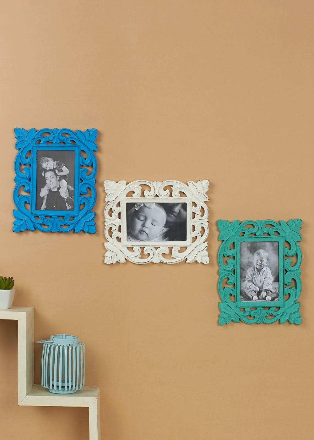 Get Set Of 3 Wall Hanging Wooden Carved Photo Frame In White Dark Blue Green At 2199 Lbb Shop