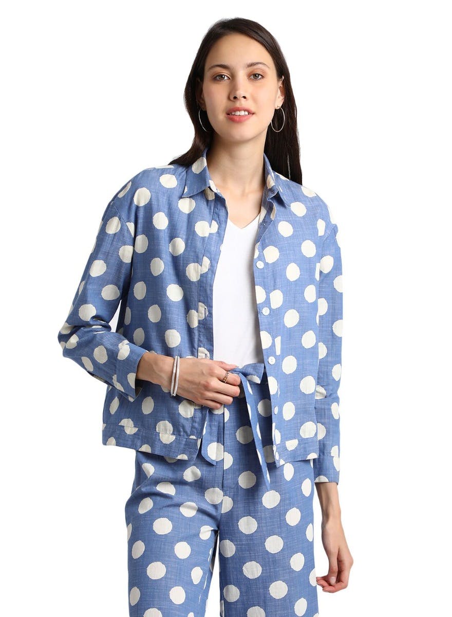 blue polka dot jacket