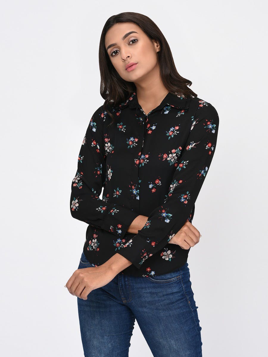 black shirt with floral print