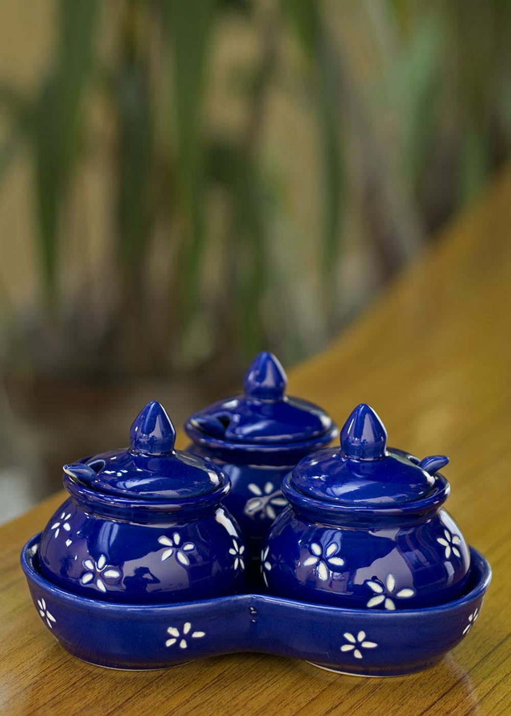Get Hand Painted Navy Blue Pickle Jar Set with Tray at ₹ 1199 LBB Shop