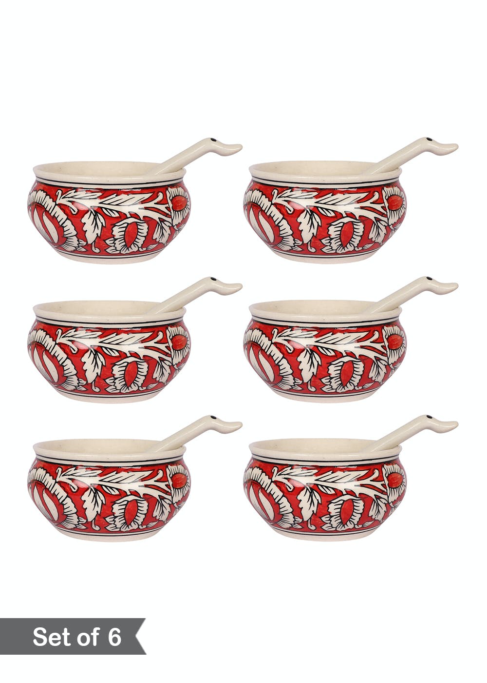 Get Red Floral Handpainted Soup Bowl with Spoon Set of 6 at ₹ 1799