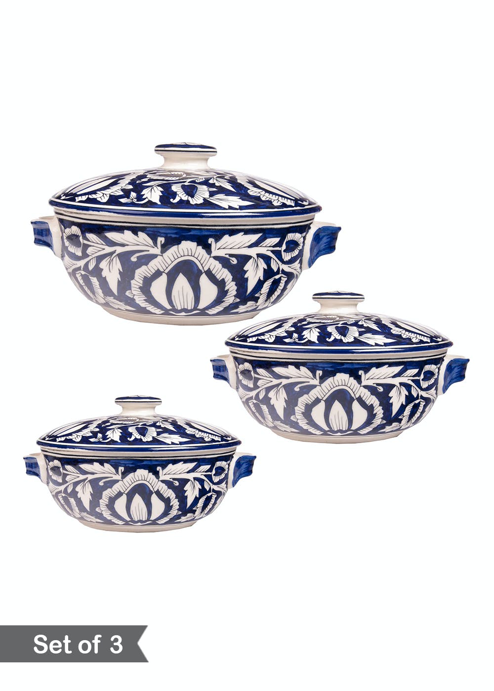 Get Blue Floral Handpainted Ceramic Serving Bowl with Lid Set of 3 at