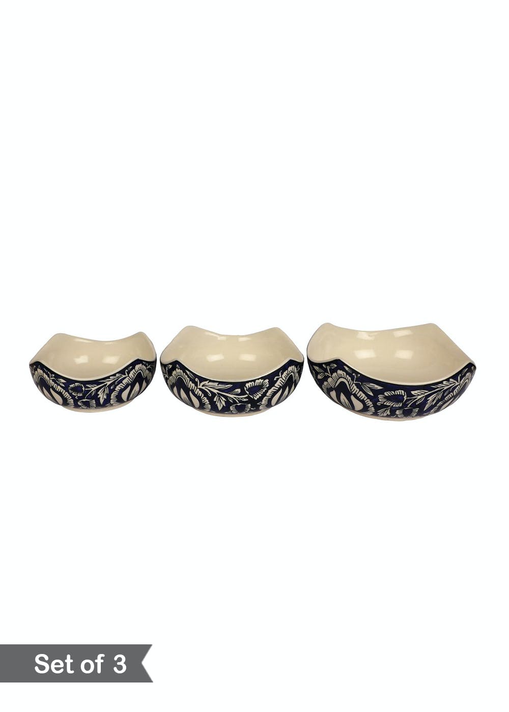 Get Blue Floral Handpainted Curved Serving Bowl Set of 3 at ₹ 1799