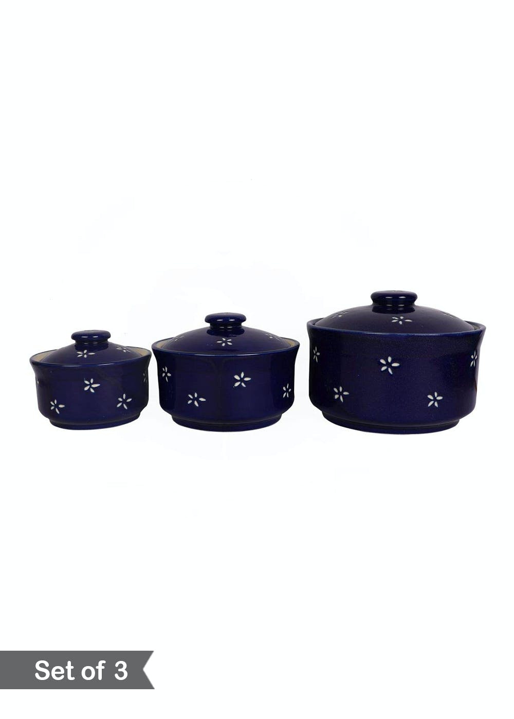 Get Blue Handpainted Ceramic Serving Bowl with Lid Set of 3 at ₹ 1999