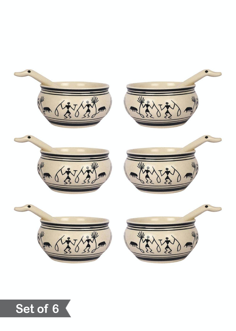 Get Black Worli Design Handpainted Soup Bowl with Spoon Set of 6 at