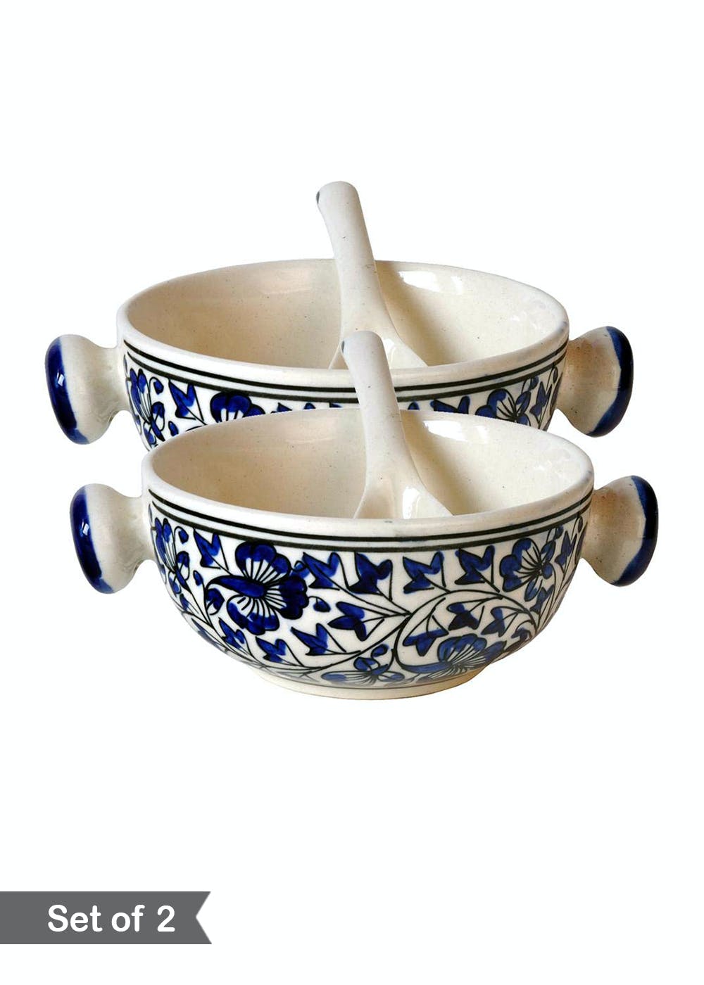 Get Blue Floral Handpainted Soup Bowl with Spoon Set of 2 at ₹ 1299