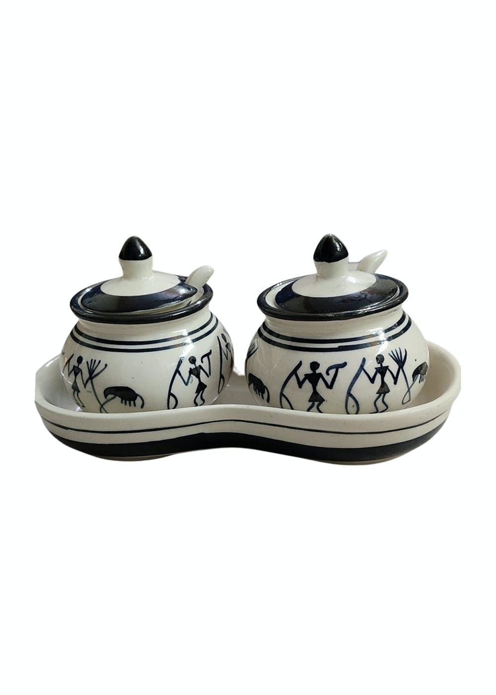 Get Warli Art Hand Painted Pickle Jar Set with Tray at ₹ 795 LBB Shop
