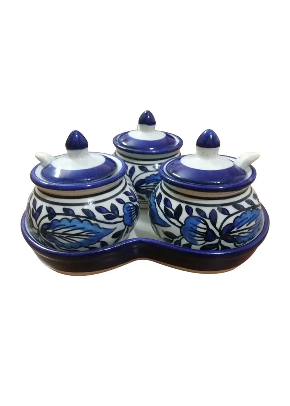 Get Hand Painted Blue Pottery Pickle Jar Set with Tray at ₹ 1199 LBB Shop