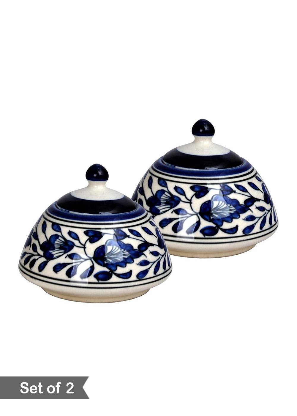 Get Blue Floral Design Ceramic Handpainted Jar with Lid Set of 2 at