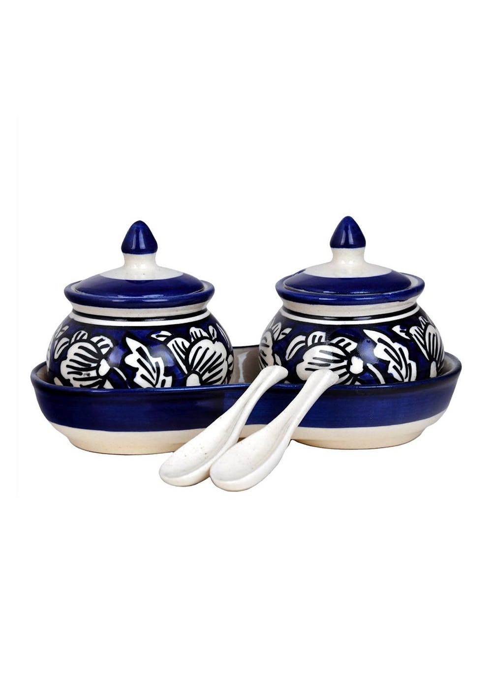 Get White Floral Hand Painted Blue Ceramic Pickle Jar Set with Tray at