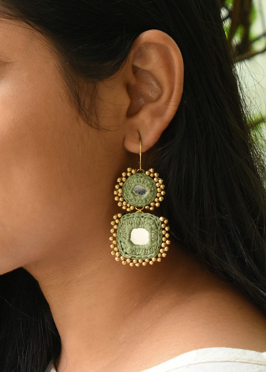 Beads and Mirror Embellished Crochet Drop Earrings