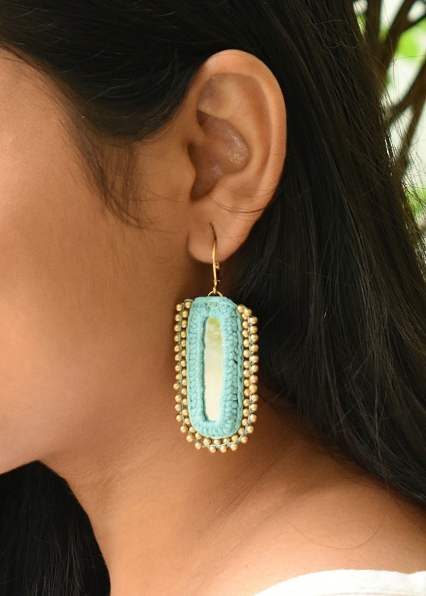 Beads and Mirror Embellished Crochet Triangle Drop Earrings - Turquoise