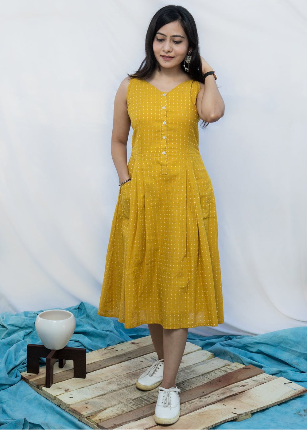 Yellow V-Neck Strappy Handloom Dress