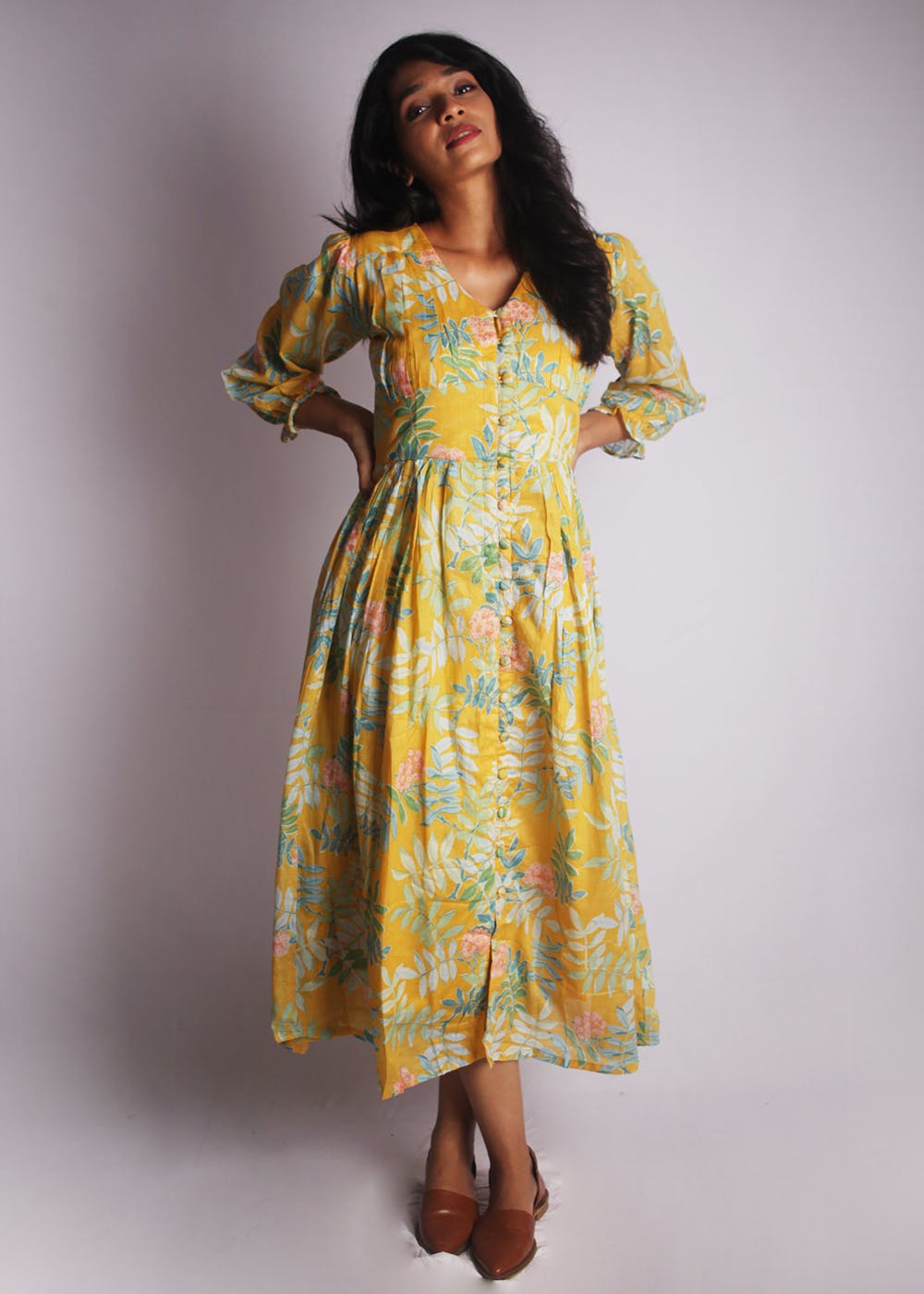 Get Yellow Tropical Printed Button Down 