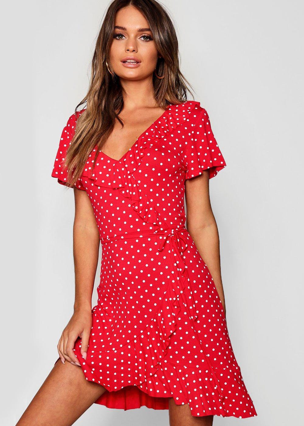 red polka dot wrap dress