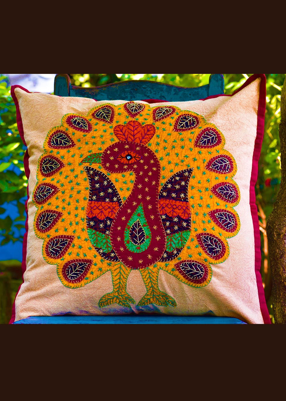 Yellow Peacock Patchwork Cushion Cover