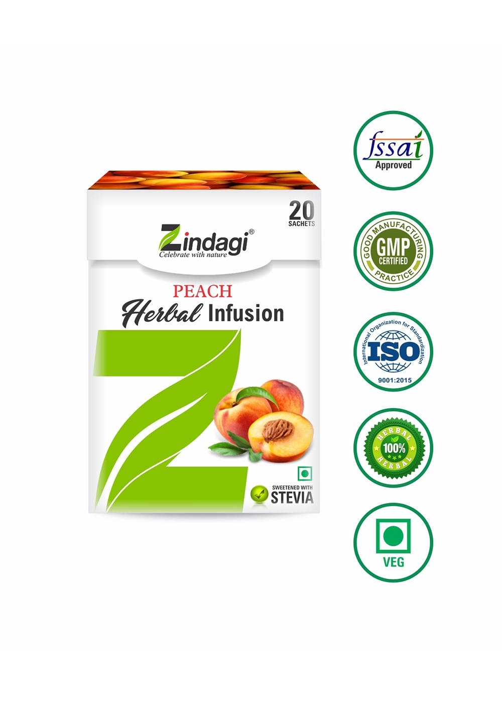 Peach Herbal Infusion - Natural & Fat Free Health Drink Sweeten With Stevia - Sugar Free Energy Drink (20 Sachets)