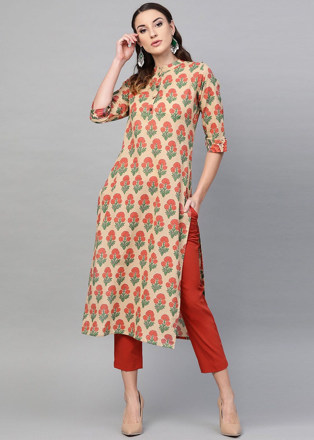 Get Marigold Print Mandarin Neck Kurta at ₹ 909 | LBB Shop