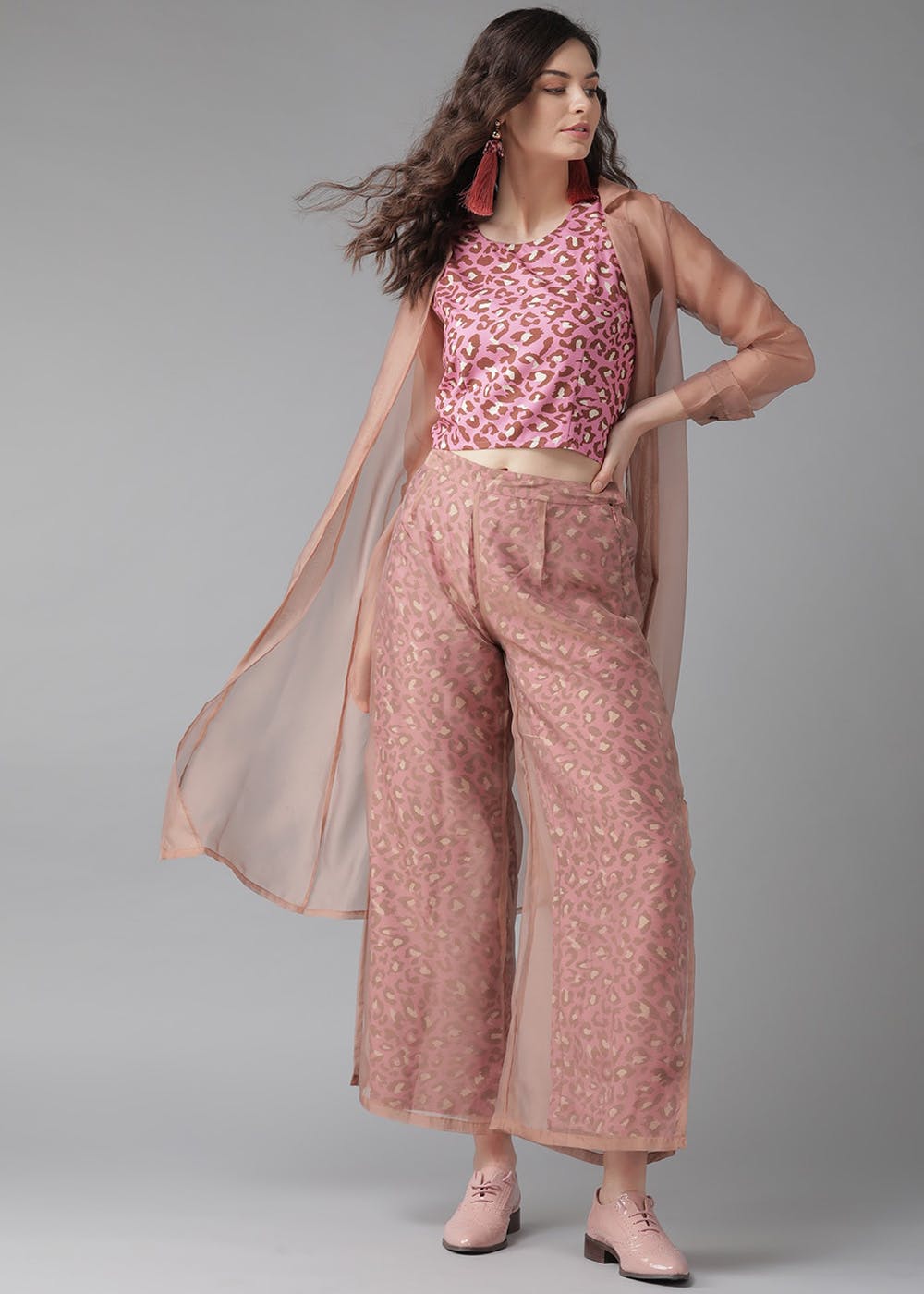 Buy Pink Mirror Work Crop Top Blouse And Palazzo Set With Shrug