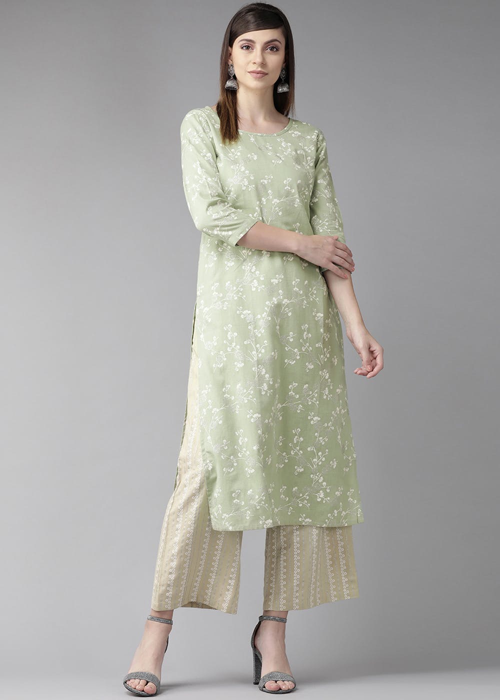 Sea Green & White Floral Printed Cotton Straight Kurta