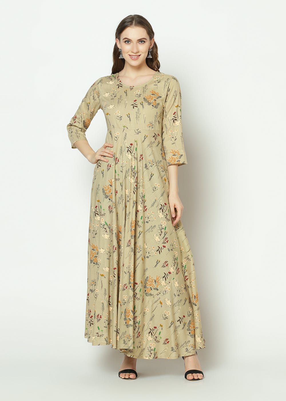 Get Gold Floral Printed Pleated Maxi Dress At ₹ 1249 Lbb Shop